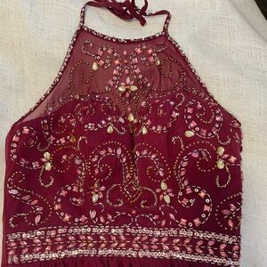 Embellished Burgundy Halter Dress